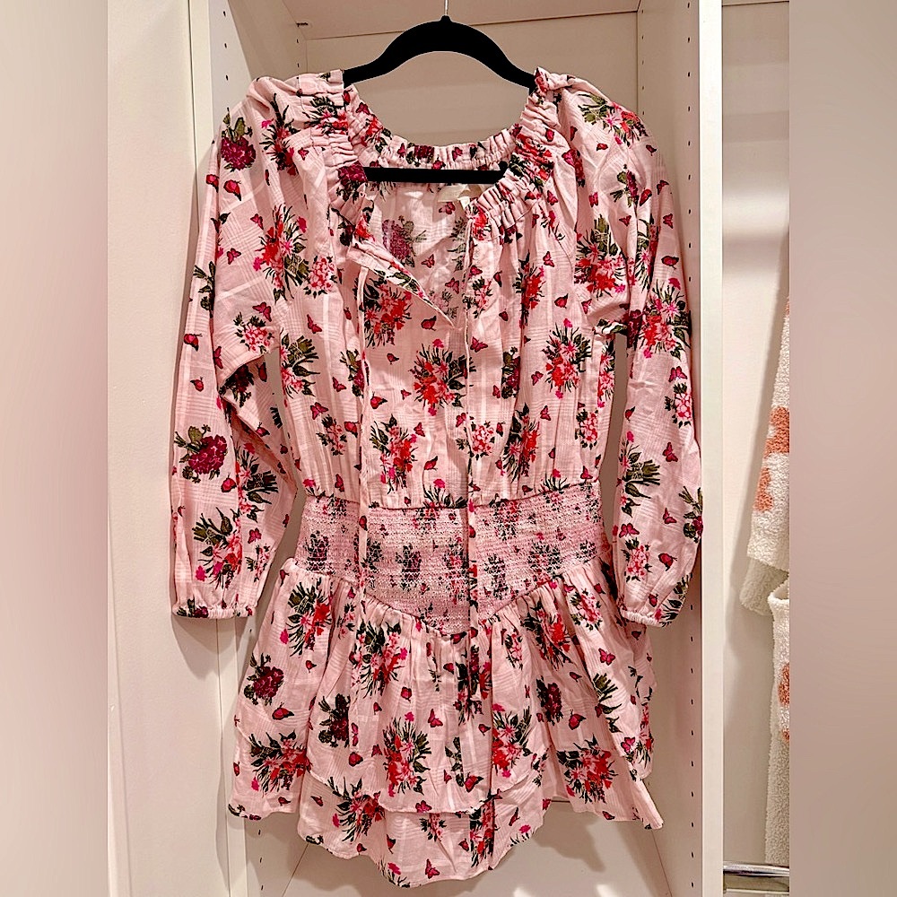 LoveShackFancy Pink Floral Boho Spritz Cotton Mini Dress Gypsy Smocked XS New!